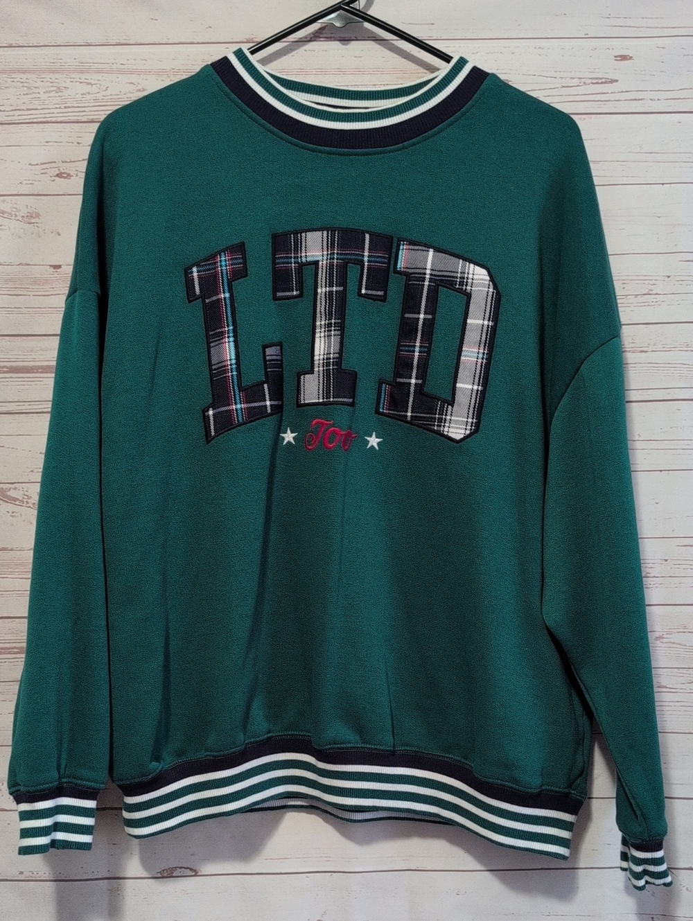 LTD Too Logo Plaid Lettering Crewneck Sweatshirt Sweater - Green Y2K Vintage